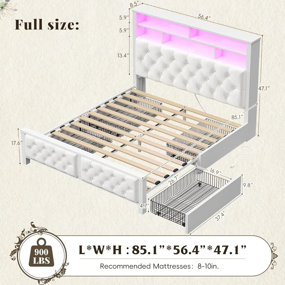 EnHomee Full Size Bed Frame with 4 Storage Drawers and Headboard,Velvet Platform Full Bed Frame with Charging Station and LED Li