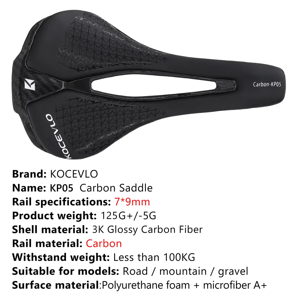 KOCEVLO KP05 Bike Saddle Ultralight Full Carbon Racing Seating Saddles 125g M5 MTB Road Bicycle Seat Cushion