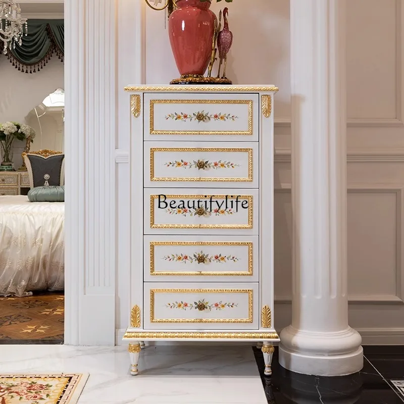 

02**French solid wood painted entrance cabinet European living room decoration retro white drawer storage cabinet