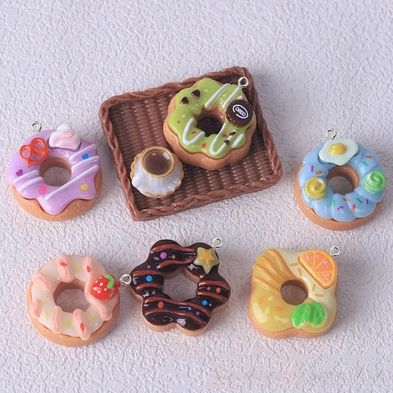 10Pcs Cute Simulation Food Donut Resin Charms Kawaii Strawberry Cake Flatback Pendants for DIY Jewelry Making Handmade Keychain