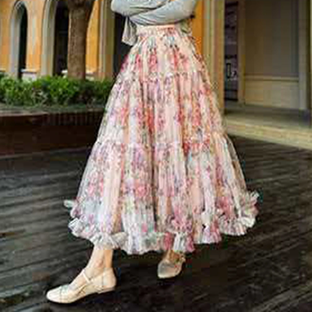 2026 new printed gauze  high waist and thin A word fluffy  medium and long  fairy floral skirt  Regular Fit