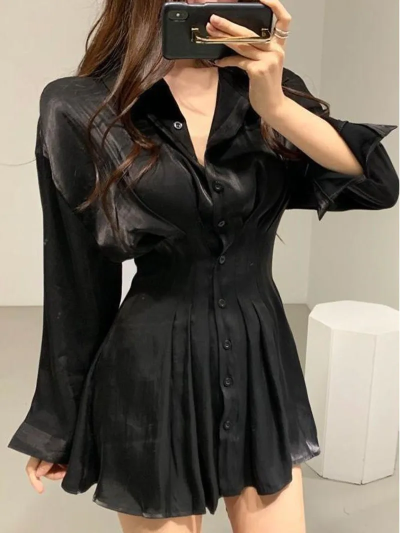 Korean Chic Elegant Gloss Folded Waist Fashionable Womens Back Lace up Flip Collar Single breasted Long sleeved Shirt Dress 1LTN