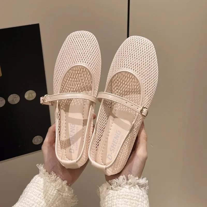Mesh Mary Jane Shoes for Women 2025 Spring New Niche Round Toe Shallow Mouth Flat Ballet Shoes Women Sandals