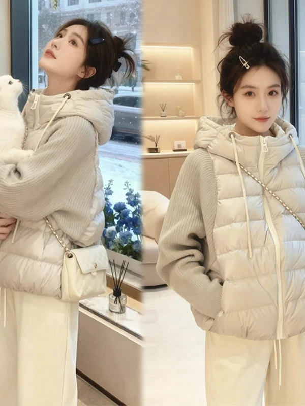 

Women's Winter Down Jacket White Korean High-end Hooded Cotton New Outerwear Knit Sleeve Puffer Chic Women Loose Trendy Outfit