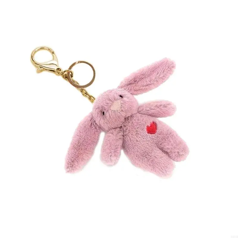 H9ED Pink Bunny Heart Keychain Children Gift Bag Decoration Plush Animal Pendant Keychain Backpack Charm Stuff Plush Toy