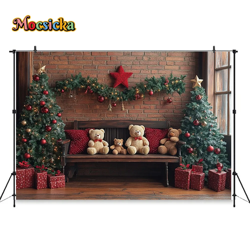 Christmas Toy Bear Gift Room Photography Background for Baby Shower Xmas Tree Vintage Brick Wall Headboard Backdrop Kids Photo