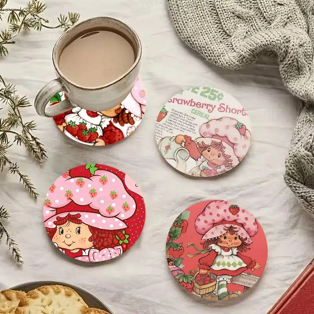 Animated Strawberry Shortcake pattern art painted wooden anti-slip coasters, suitable for decoration of living room kitchenware