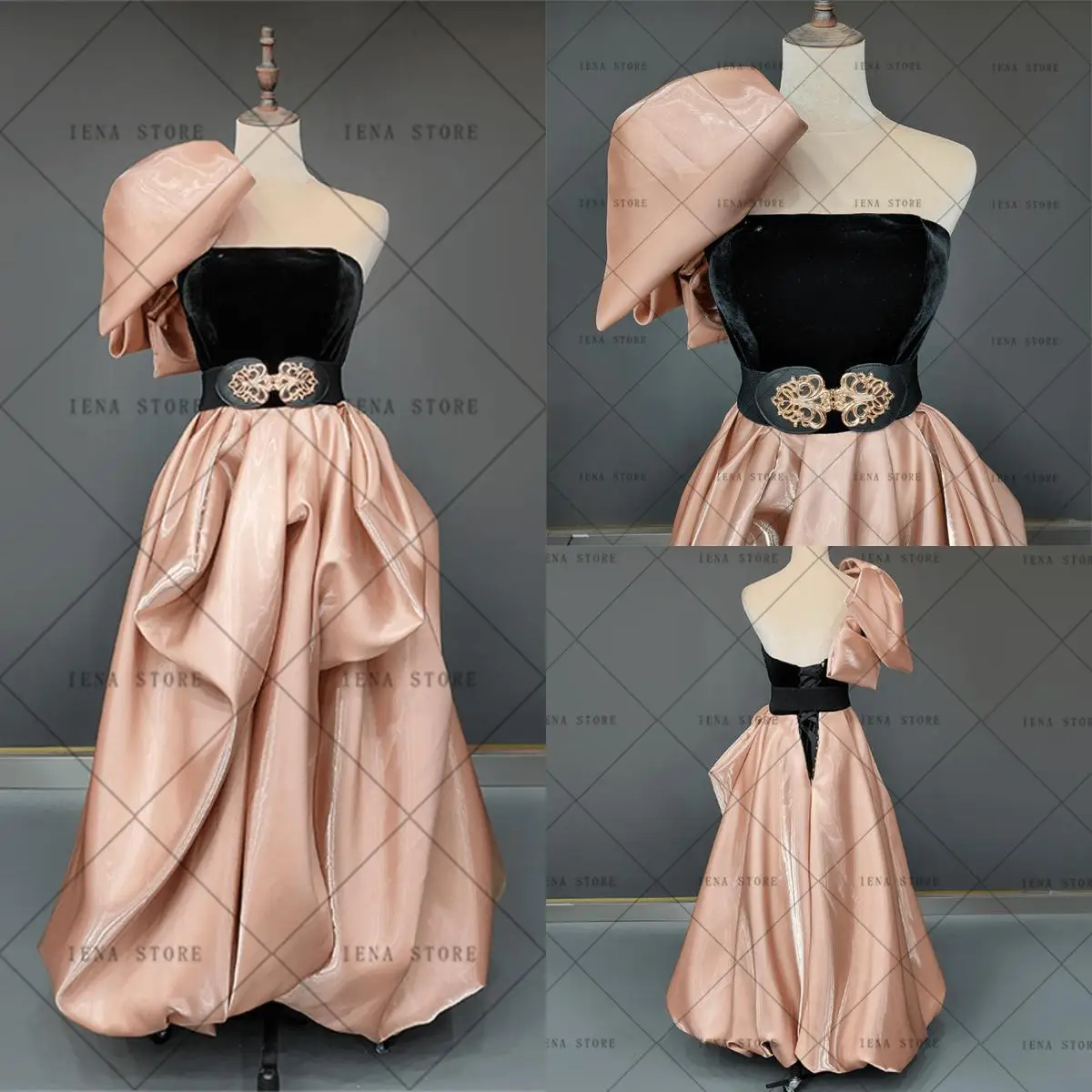 4341#IENA Elegant Liquid Glitter Satin Top Black Velvet Prom Dress Champagne Pink Vintage Evening Dresses Party Gown with Bow