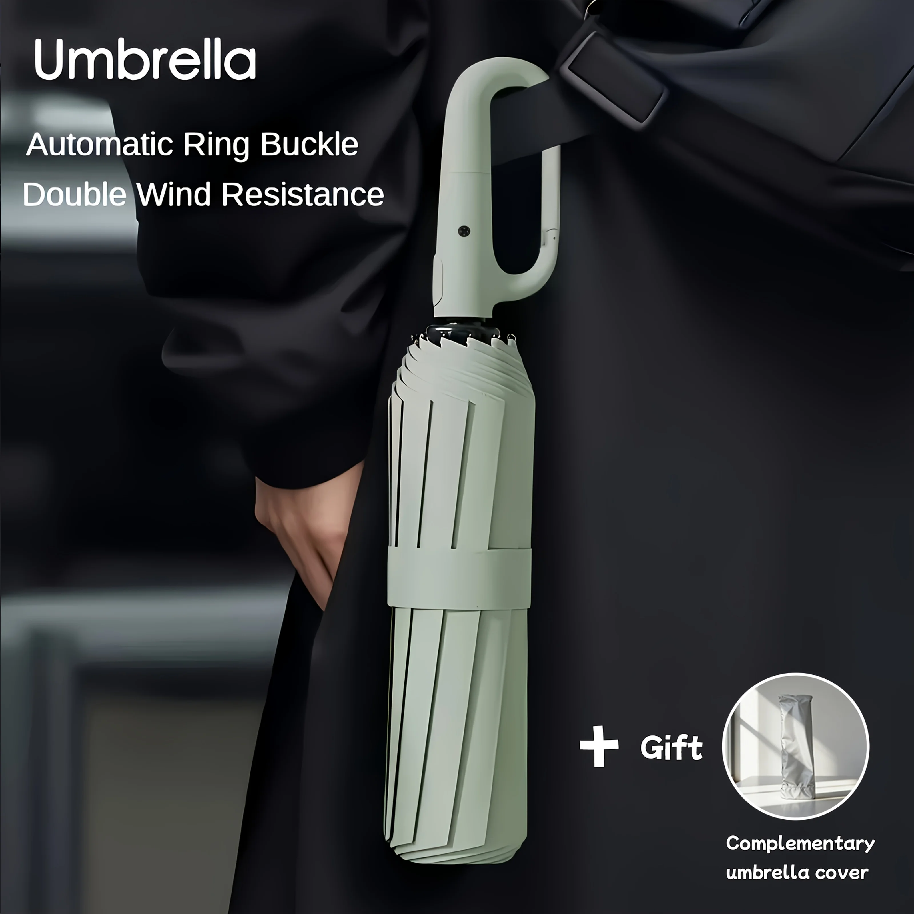 Carabiner Clip, Portable, Hands-free, Automatic Folding Umbrella. Features Reinforced Thickened Windproof Ribs and Canopy