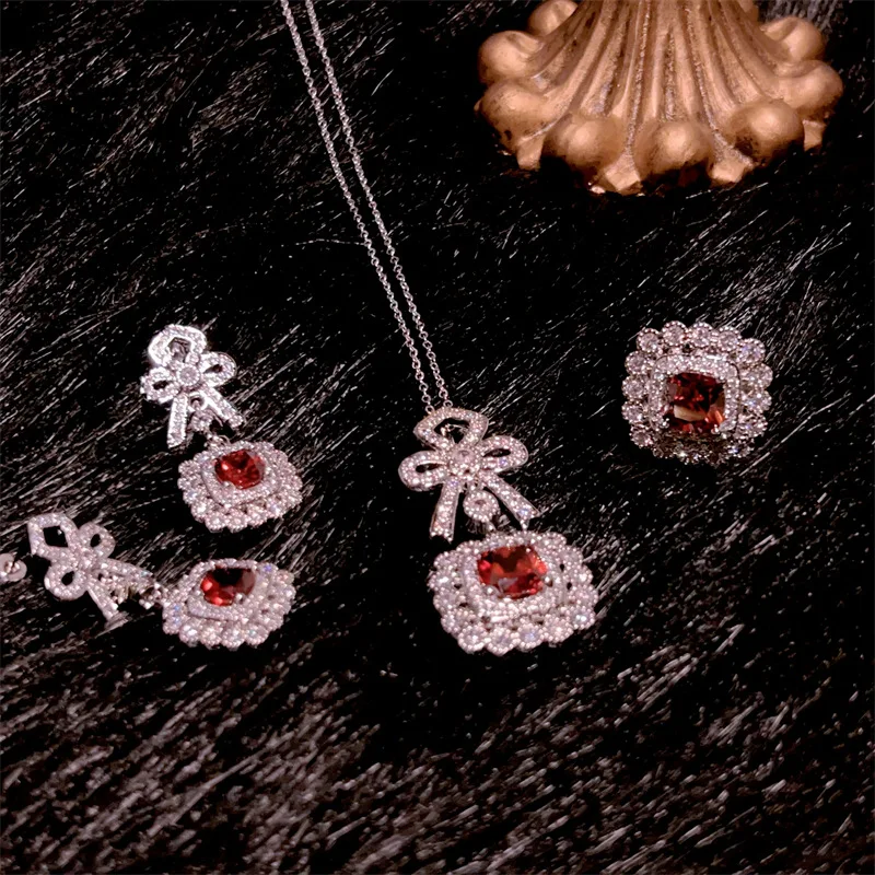 925 sterling silver light luxury pigeon blood ruby set earrings feminine romantic necklace sweet party ring three piece set
