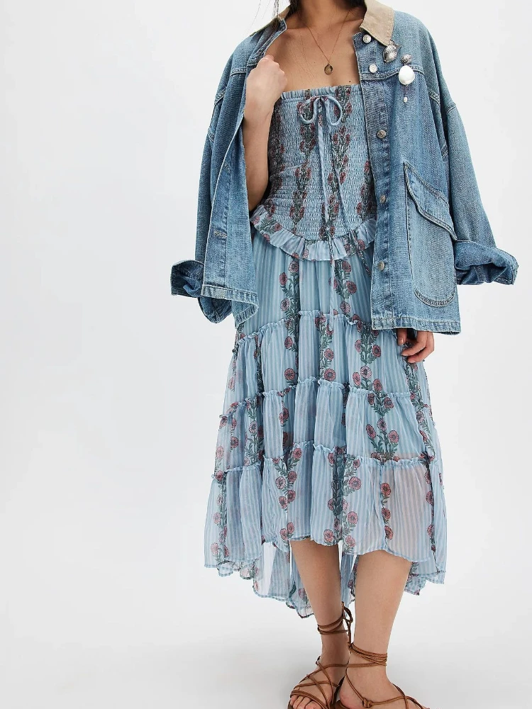 2025 New Women's Floral Print Strapless Dress Vacation Style Patchwork Asymmetrical Hem Sundress Beach Boho Chic Dress