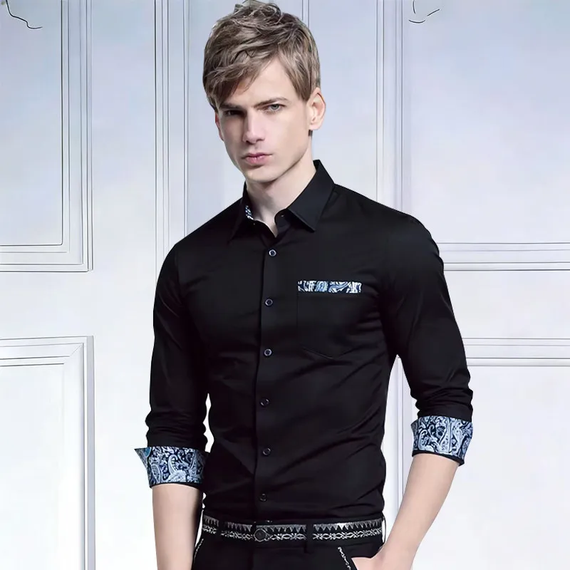 Casual Men's Long Sleeve Shirt  Collar Nuts Flower Color Block Standard Fit Breathable Polyester Spring Autumn Winter