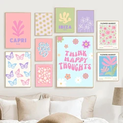 Abstract Danish Pastel Wall Art Poster Prints Purple Checkered Smiley Flower Canvas Painting Picture for Living Room Home Decor