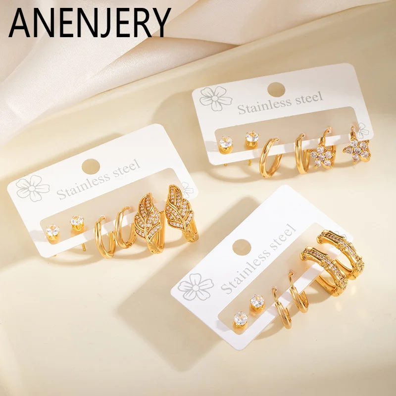 ANENJERY 316L Stainless Steel Leaf Bamboo Flower Zircon Stud Earrings Set For Women Temperament Simply Luxury Niche Jewelry Gift