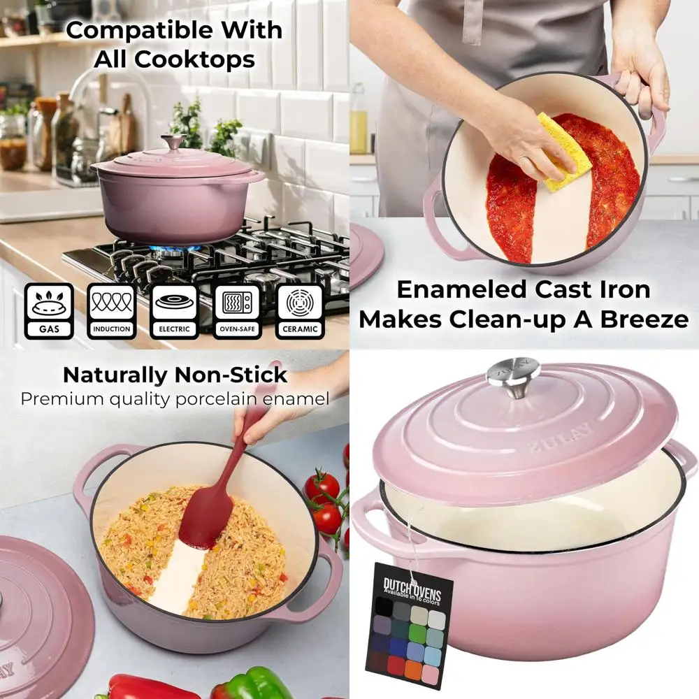 

Pink 6-Quart Enamel Cast Iron Dutch Oven with Lid - Durable, Oven-Safe for Baking, Stews, and Roasting