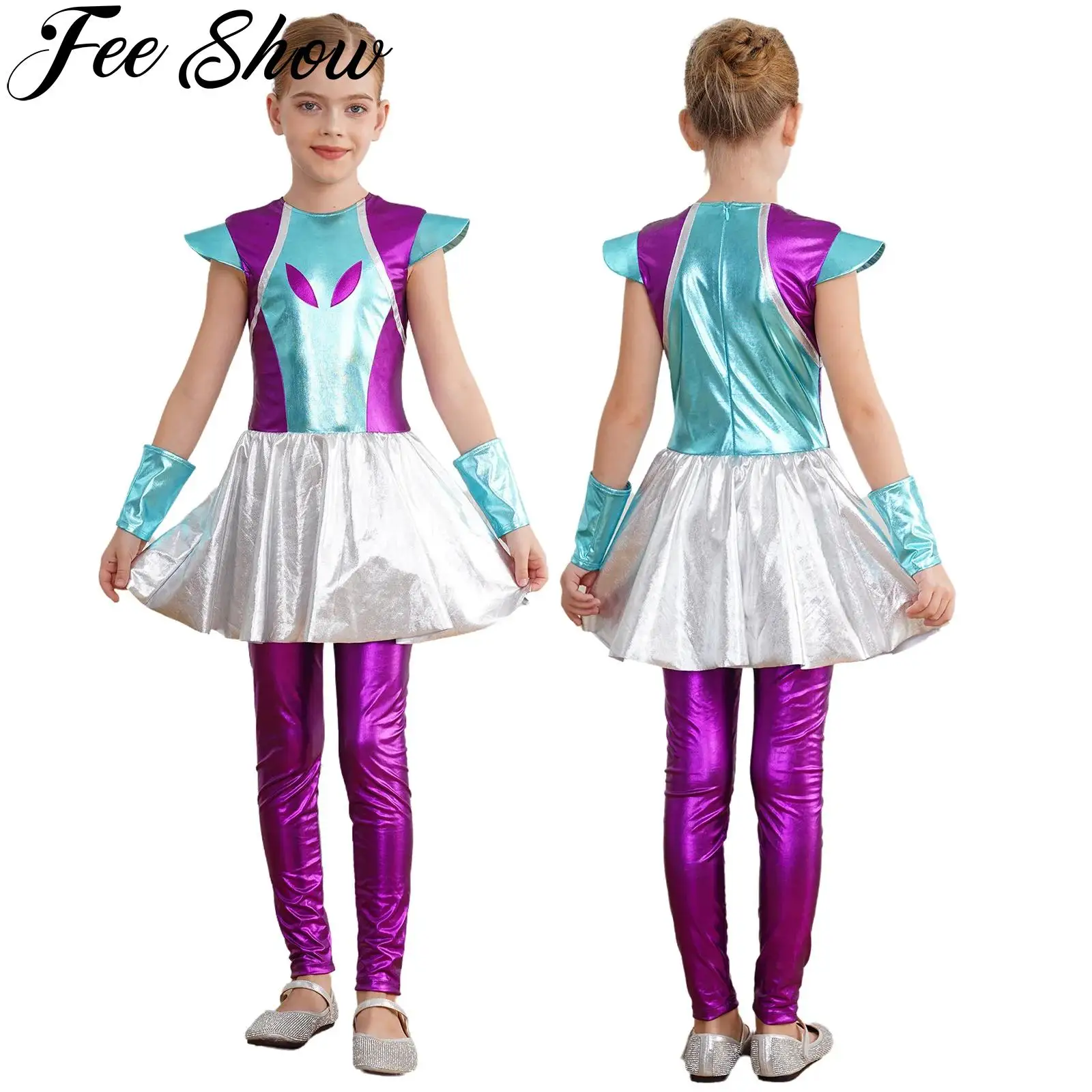 Kids Girls Alien Robot Cosplay Costume Sleeveless Metallic Outer Space Cutie Bodysuit Halloween Carnival Themed Party Dress Up