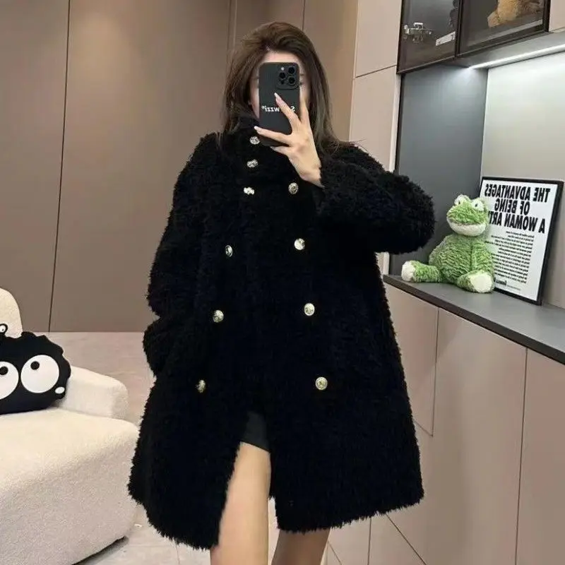 

Black Lambswool Coat Ladies 2024 Autumn and Winter New Popular Explosions Maillard Small Fragrance High Fashion Mid Length Top