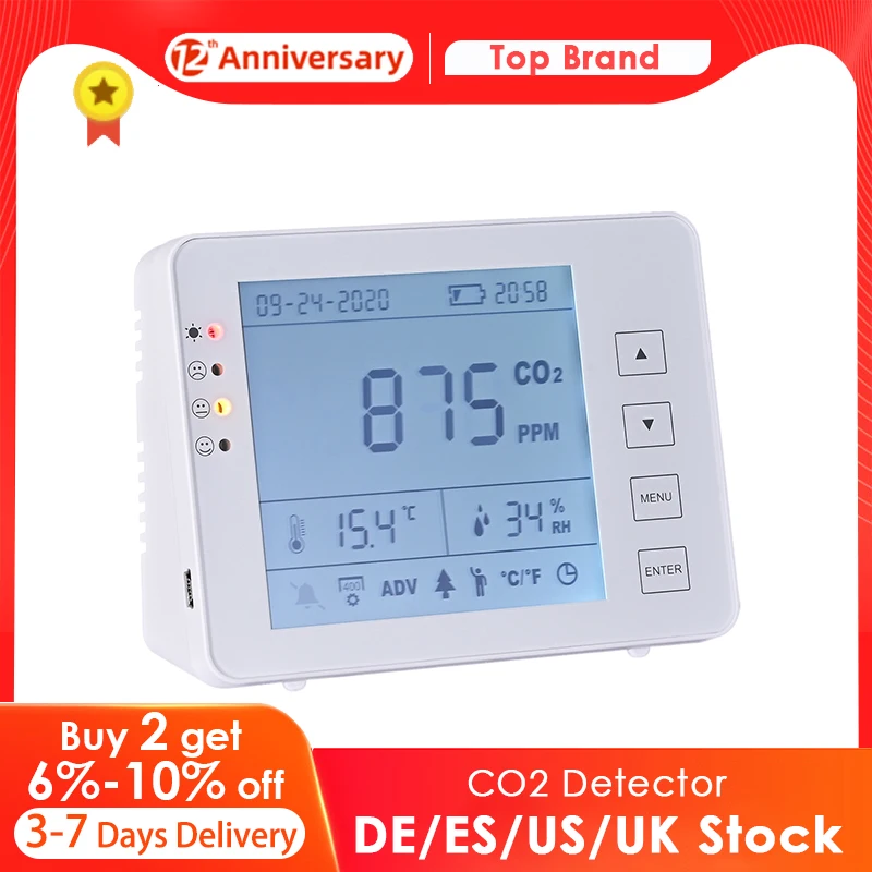 

Точный детектор CO2, датчик NDIR с большим ЖК-дисплеем, для помещений, монитор качества воздуха, многофункциональный детектор сигнализации, время и дата, 0-5000ppm