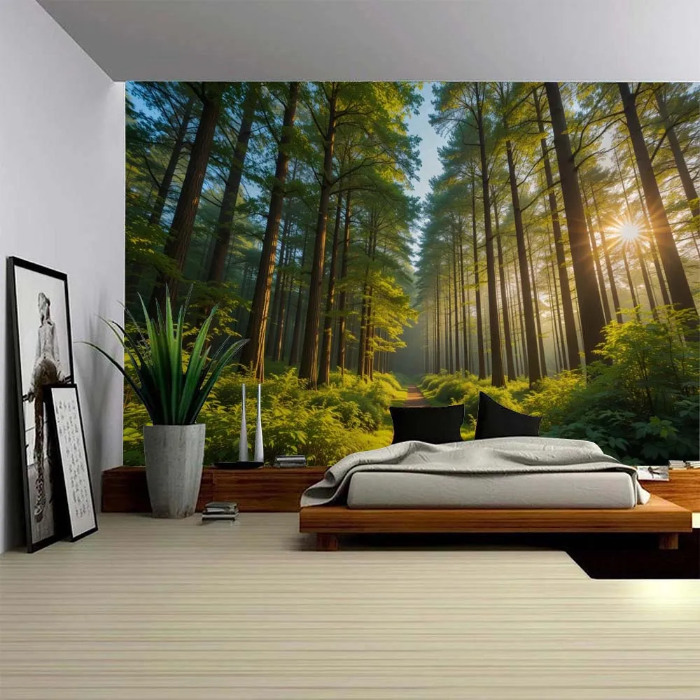 Green Forest Natural Landscape Tapestry Soft Wall Hanging Cloth Aesthetic Home Decoration Background Poster Multiple Sizes