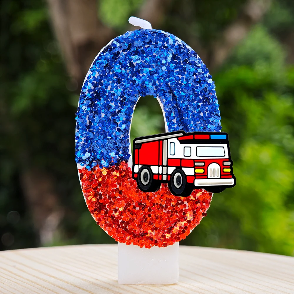 Glitter Sequins Fire Truck Number Candle Cartoon Fire Engine Cake Topper for Boys Kids Birthday Party Baby Shower Themed Decor