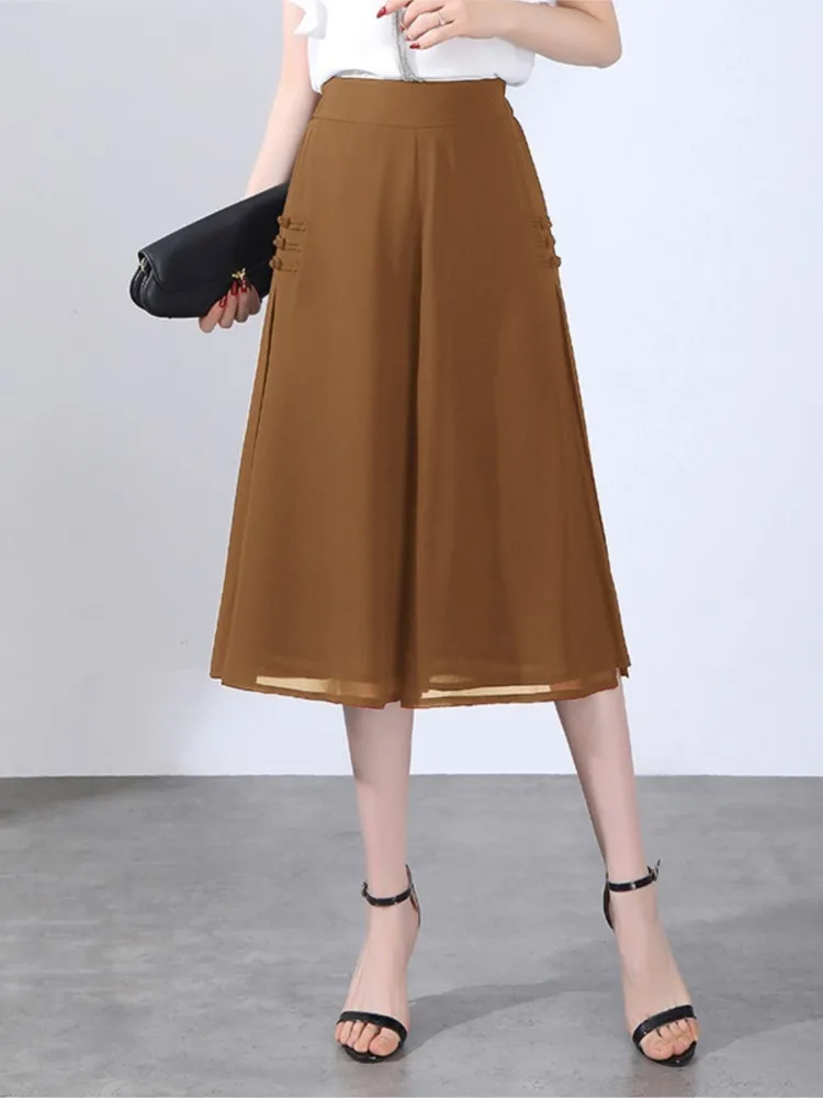 Rok Celana Capris Sifon Wanita Celana Panjang Kaki Lebar Elegan Antik Kasual Pinggang Tinggi Elastis Longgar Keren Wanita Musim Panas