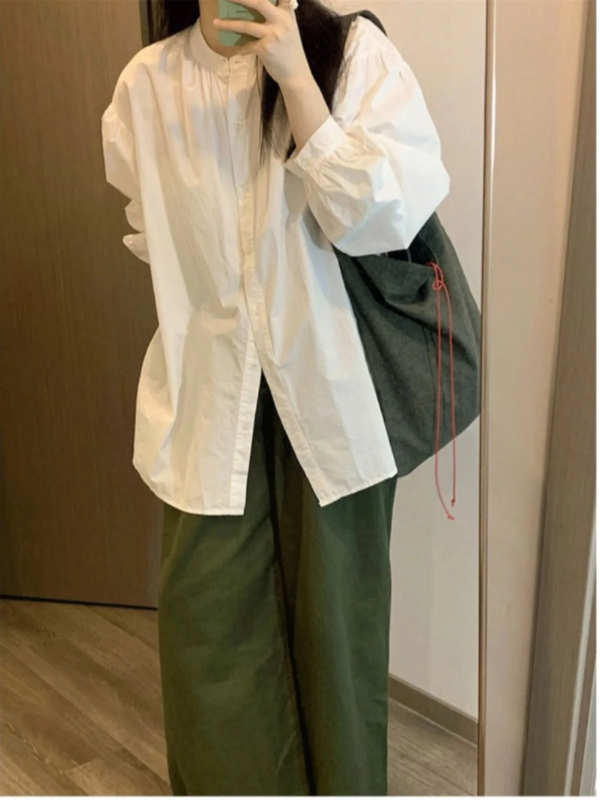 

White Long Sve Lantern Sve irt Women's Spring Faion Design round Ne Jaet Top Spring Autumn Sle Loose Fit