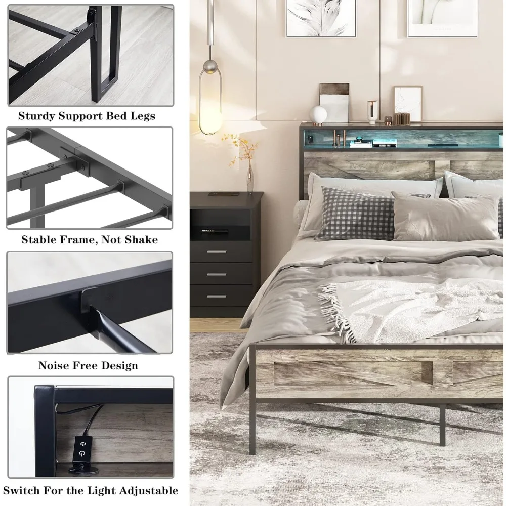 LED Queen Size Bed Frame with Charging Station, Platform Metal Headboard Storage & USB Ports Outlets, Farmhouse Lights image 5