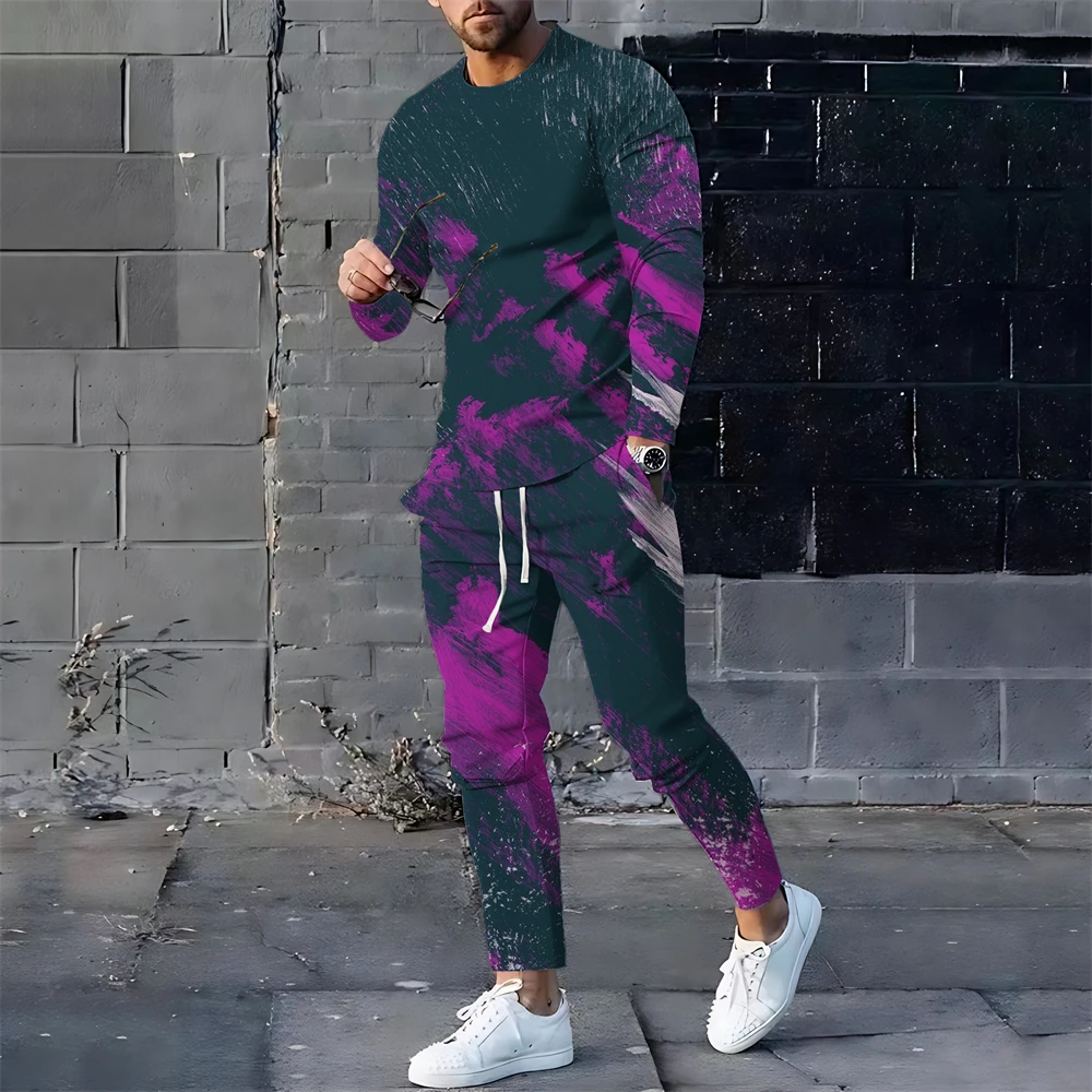 Fashion Color Block 3D Print Men's Sportswear Set Casual Long-Sleeved T Shirt Pants 2-Piece Set Oversized Pullover Men Clothing