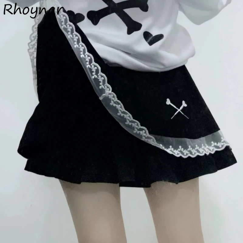 Subculture Lace Cake Skirts Women Embroidery High Waist A-line All-match Streetwear Female Students Fashion Simple Ladies Chic