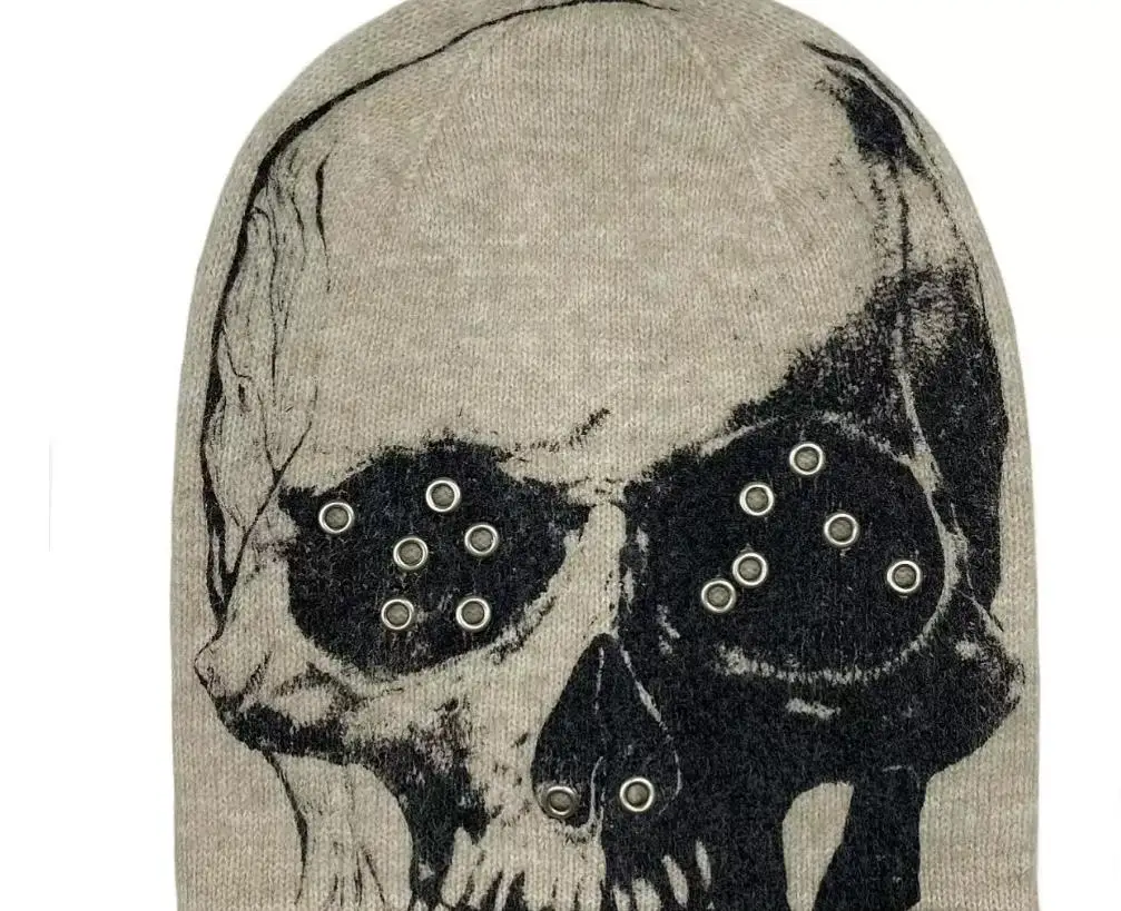 2026 Dark Skull Print Rivet Cold Punk Gothic Subculture Hardcore Retro Autumn-Winter Thermal Elastic Knit Hat MZ308