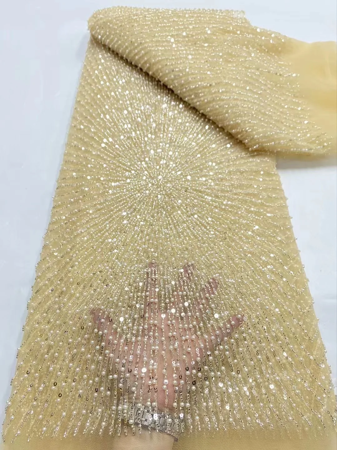 African Luxury Groom Sequins Lace Fabric 2026 High Quality Lace Embroidery Beaded Mesh Fabric 5 Yards For Women Wedding Dresses