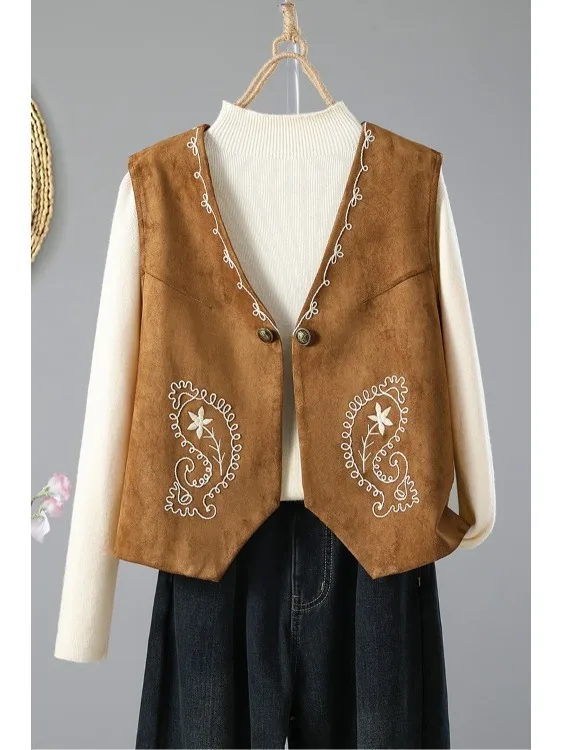 Women's Suede Velvet Embroidered Vest V-Neck Large Size Layering Short Shoulder Pad Fashion Retro Style Home Wear Short Length