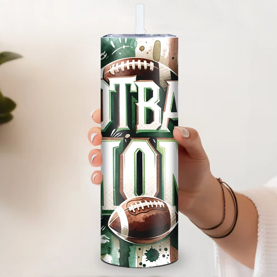 20oz Party Sport Water Bottle Straw Lid 3D Print   Football Mom Skinny Straight Tumblers Stainless  Cups Mother’s day Gifts