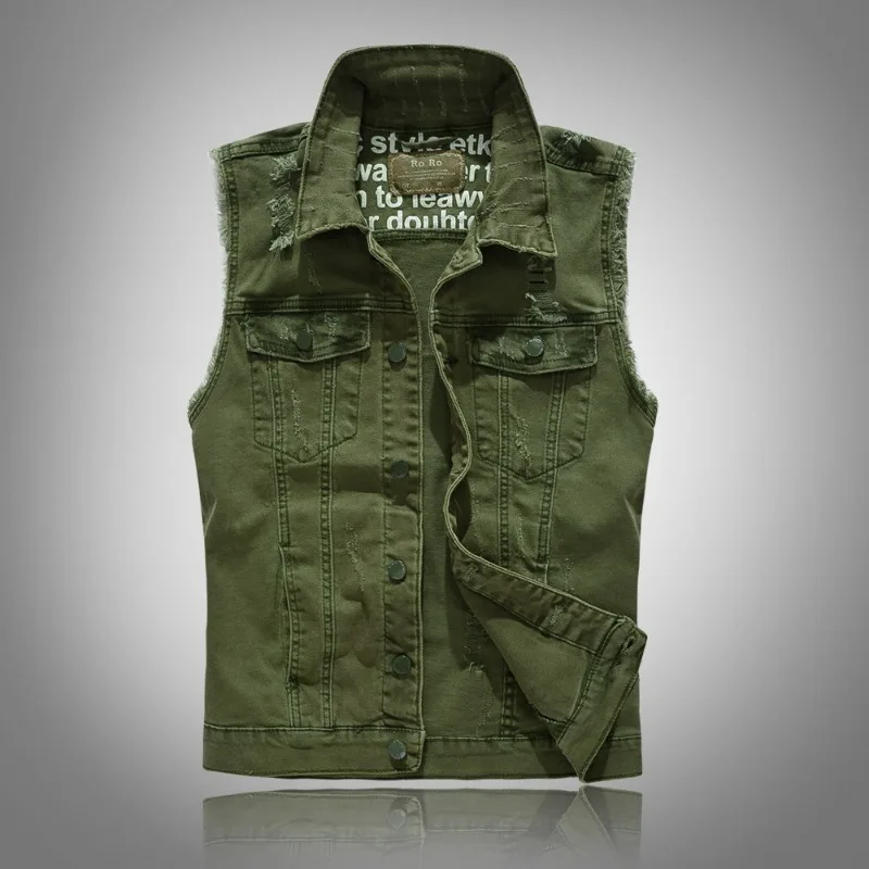 New Personalized Korean-style Slim-fit Men's Denim Waistcoat Men's Denim Vest Military Green Denim Vest Top Simple and Fashion