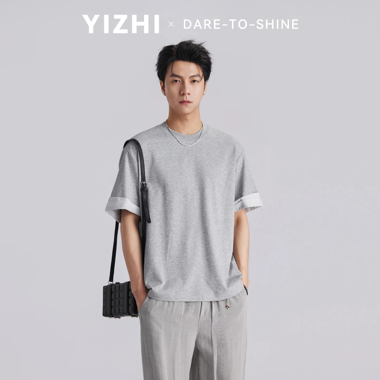 Men 240gsm Heavyweight Accordion Pleated Cuff Short Sleeve T-Shirt Summer Loose Drop Shoulder