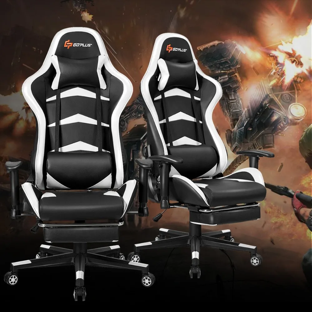 Massage Gaming Chair Racing Recliner w/Lumbar Support &Footrest Office White