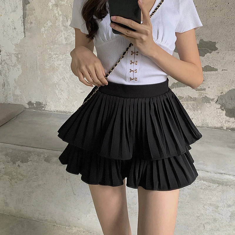 กระโปรงพลีทสองชั้นเอวสูง รุ่นใหม่สำหรับฤดูร้อน สไตล์หวานซ่อนเปรี้ยว ไซส์เล็ก สีขาว ทรงเอ หรือทรงเค้ก