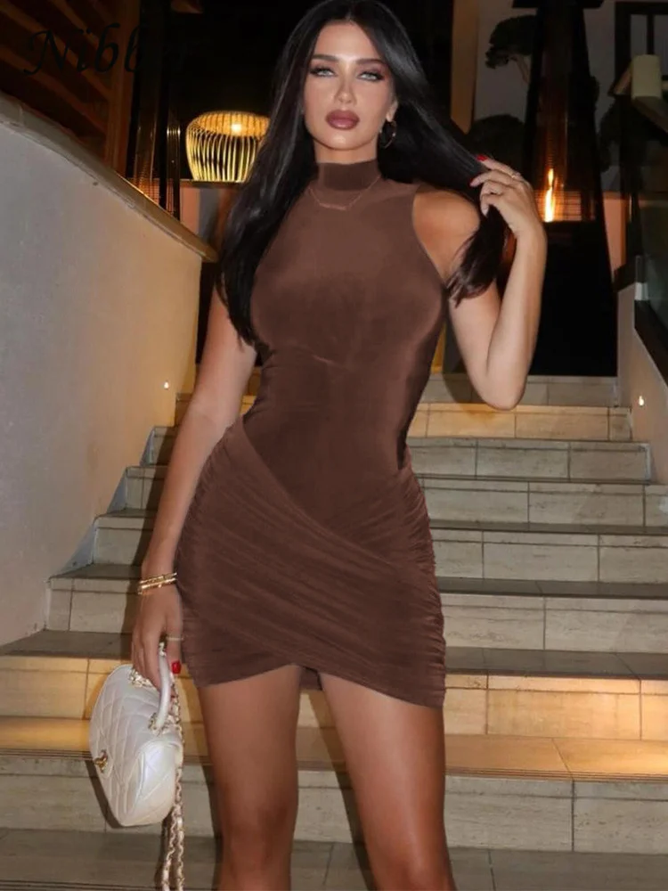 Nibber Cross Concise Mini Women  Dress Summer Fashion Sleeveless Stand Collar Ruched Chic Bodycon Female Basic Party Streetwear