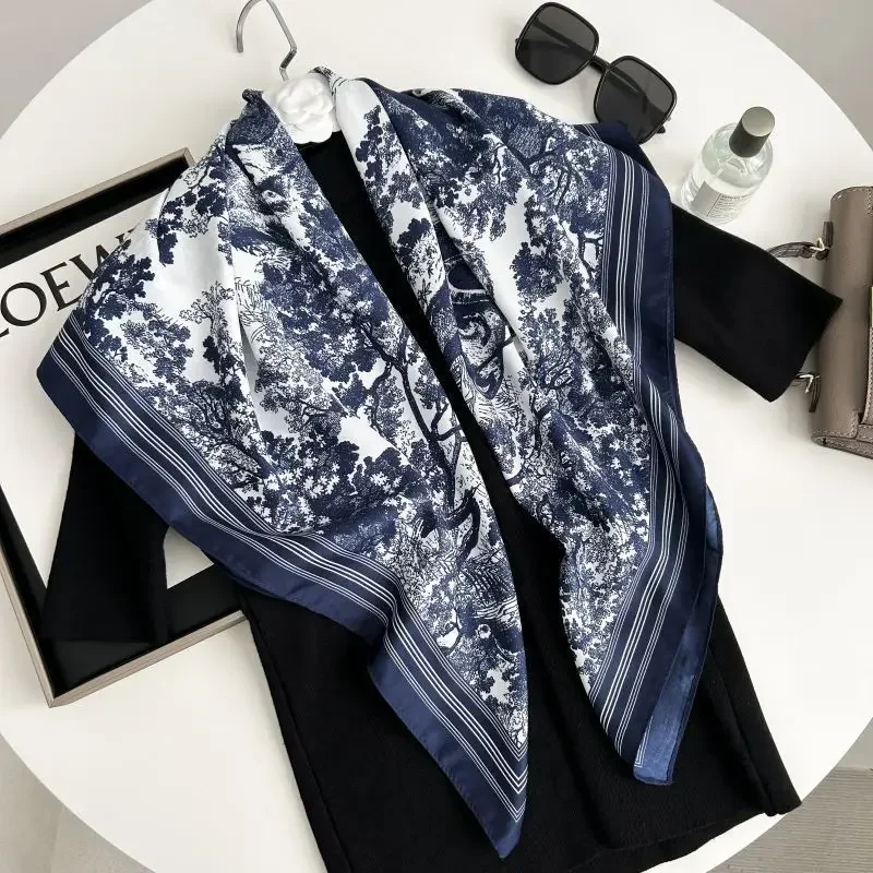 

Осень/зима, синий, зеленый, элитный шелковый шарф из твила, женский универсальный роскошный брендовый принт, старый цветочный дизайн