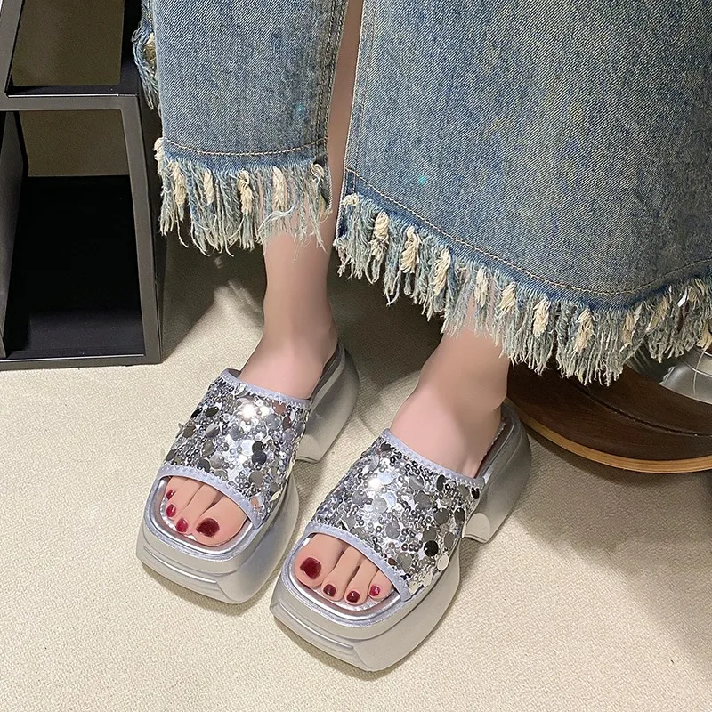 8cm Synthetic Slip on Platform Wedge Fashion Sandal Bling ROME Ladies Beach Shoes Peep Toe Pumps Summer Slippers Fashion Shoes