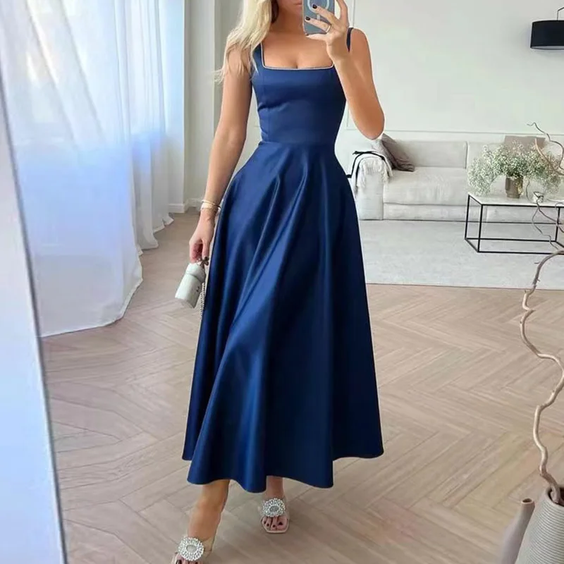 

Commute Cocktail Sleeveless High Waist Formal Dress Women Loos Ruffle Long Dress Female Elegant Square Collar Strap Party Dress