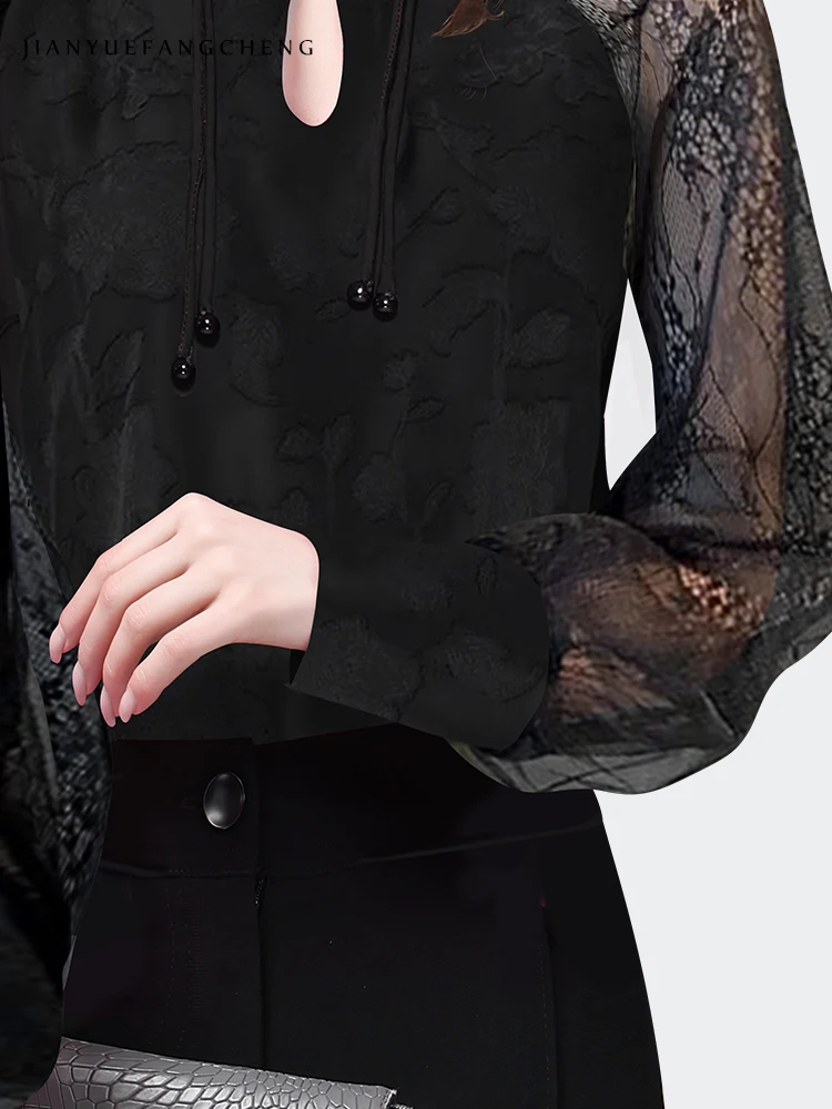 Ladies Lace Blouses Loose Black Floral Embossed Hollow Out Lantern Sleeves Tops 2024 Summer New Elegant Vintage Women Blouses