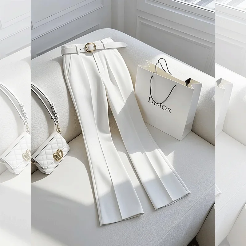 

New High End Spring Ankle Length Pants Women High Waist Straight Casual White Trousers With Belt Solid Color Elegant Pants