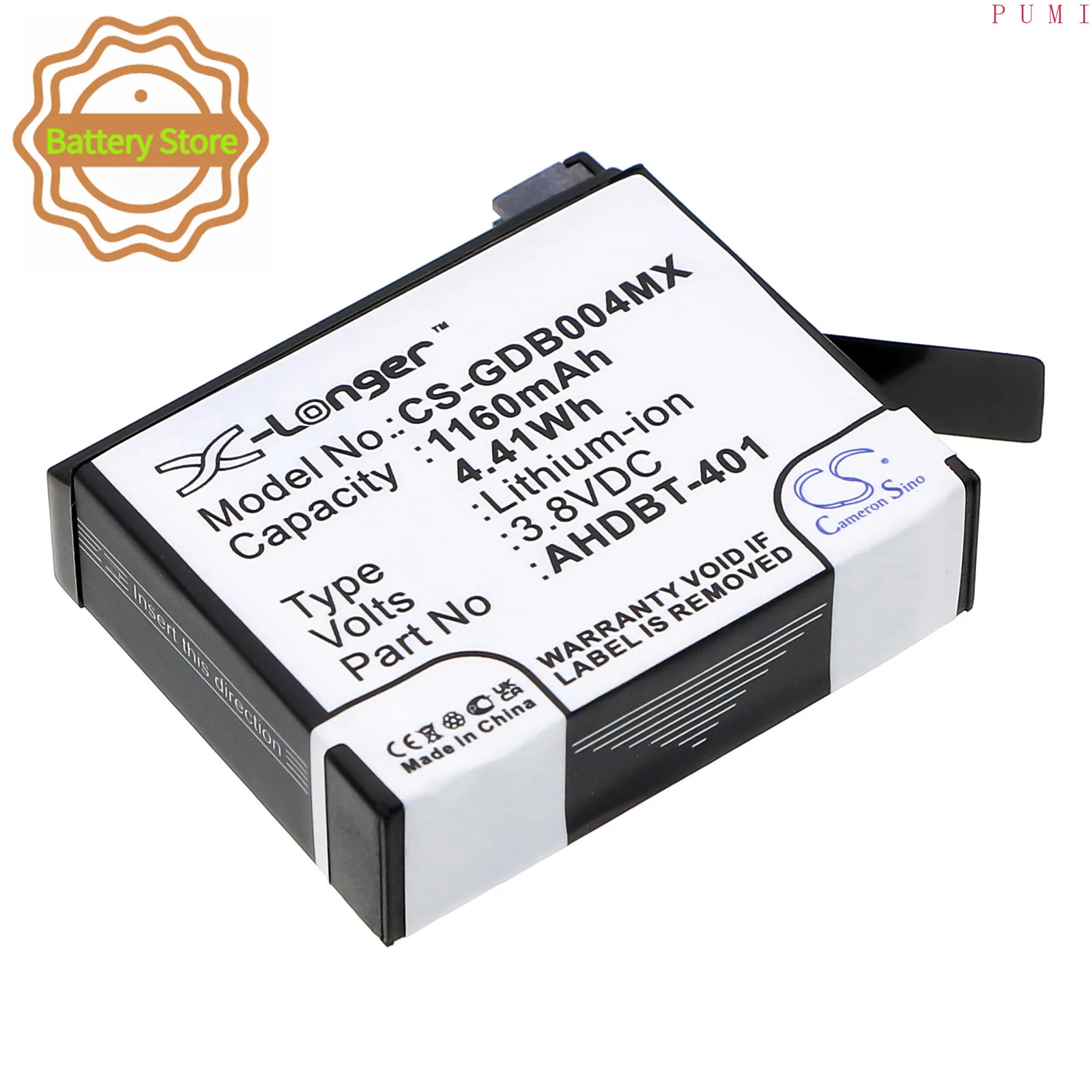 CS Replacement Battery for GoPro Hero 4,Hero 4 Silver,Hero 4 Black,Hero 4+ PN:AHDBT-401,335-06532-000 1160mAh / 4.41Wh