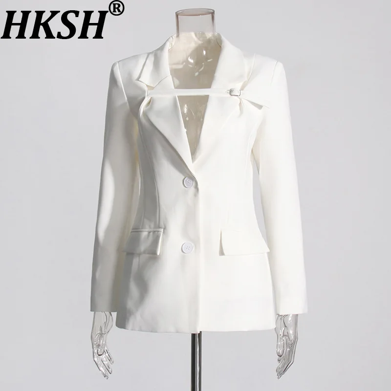 HKSH Women Blazer Fashion Versatile White Patchwork Design Waist Cinching Slim Fit Long-Sleeve Elegant Stylish Suit-Coat HK27289