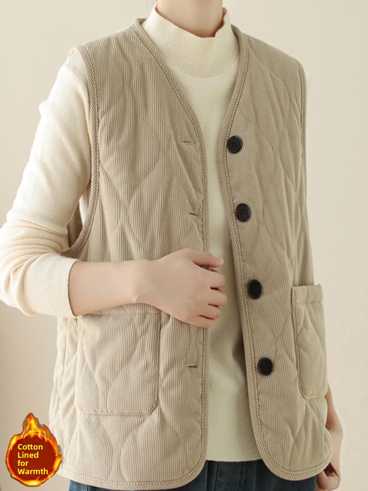 

Retro Corduroy Women's Vest Jacket Thickened Cotton Inner Layered Wear Outerwear Cardigan Style And Pear Body Type