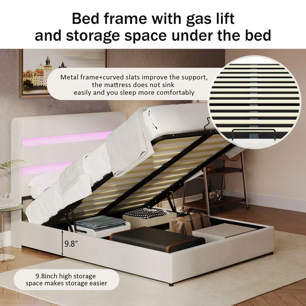 Bed Platform, Upholstered Platform Hydraulic Storage Bed, Lift Up Storage Bed with LED, Bluetooth Speaker, No Box Spring Needed