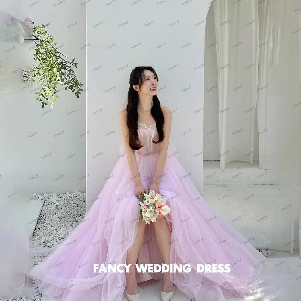 

Fancy Fairy Pink Tulle Long Prom Dresses Korea Photoshoot Strapless Floor Length Evening Gowns Wedding Photoshoot Corset Back