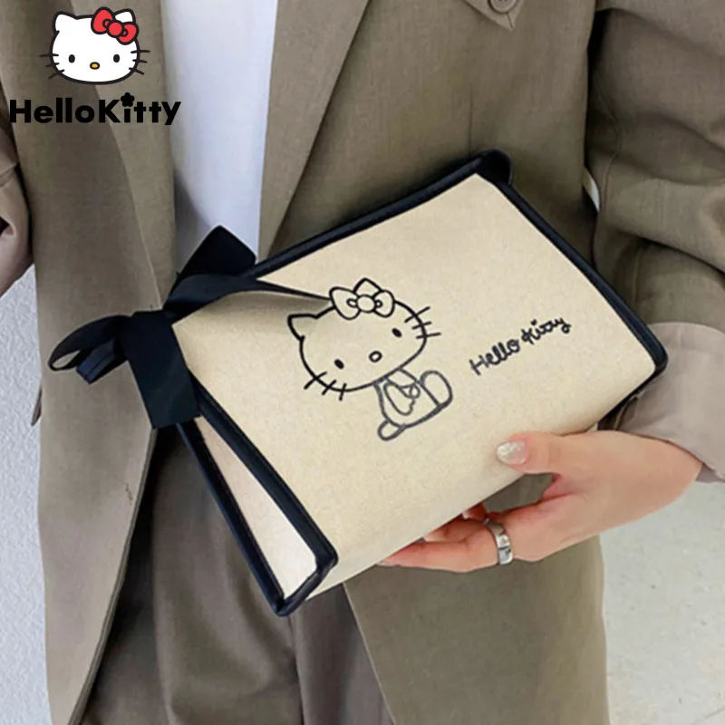 Sanrio Hello Kitty Women Clutches 2023 New Fashion Y2k Handbags Square Bow Zipper Cosmetic Bag Casual Luxury Korean Tote Bag