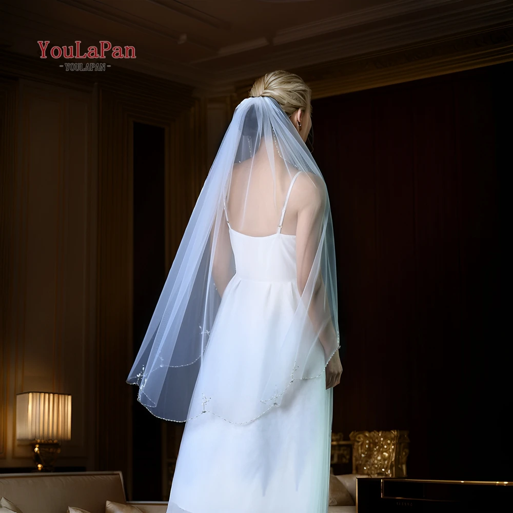 YouLaPan Scalloped Edge Bridal Veil Single Crystal Edge Wedding Bridal Accessory Bridal Veils With Rhinestones And Crystals V231